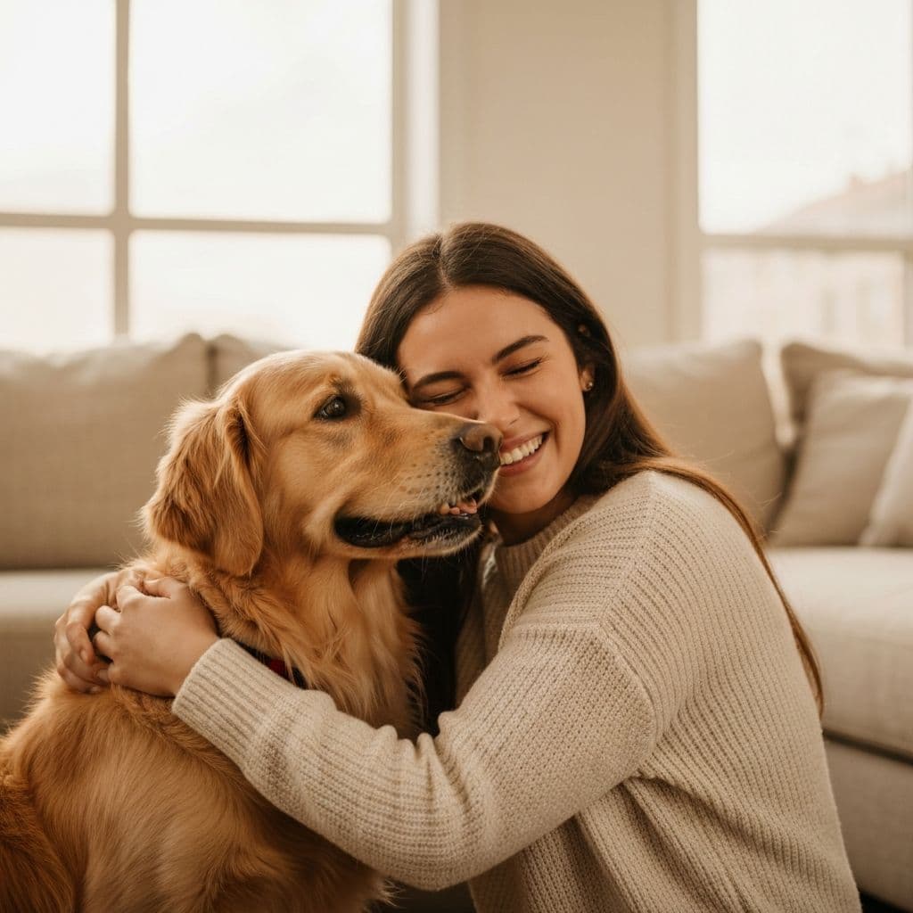 A smiling owner hugging her golden retriever in a sunlit room